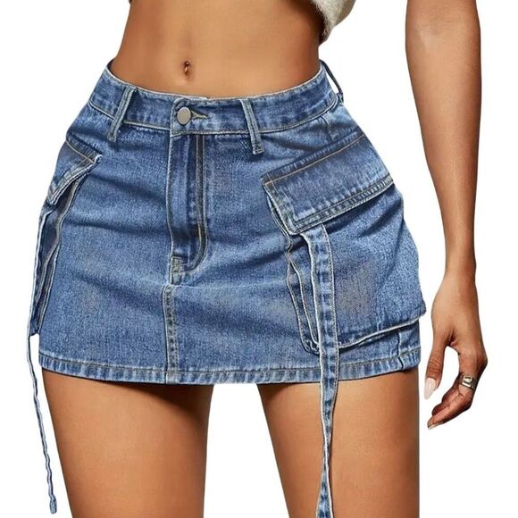 Y2K Blue Denim Cargo Utility Mini Skirt Pockets Grunge Skater - Picture 1 of 7